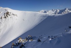 Eman and Marlee Silva drop into a fresh bowl at Ohau ski field, Ohau, Otago, New Zealand.
