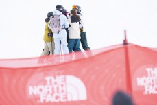 Competitors celebrate a great run at The Remarkables ski field, Queenstown, Central Otago, New Zealand.