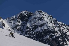 Marlee Silva makes the most of early spring conditions above The Remarkables ski field, Queenstown, Central Otago, New Zealand.