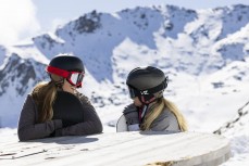 Taya and Rewa Morrison take a break during early spring at The Remarkables ski field, Queenstown, Central Otago, New Zealand.