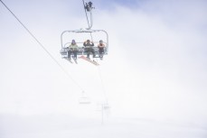 Justin and Luca Leov emerging from the whiteout at Mt Hutt Ski Field, Canterbury, New Zealand.