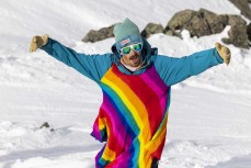 Andrew Pollard dressed in rainbow at Round 3 of the 2023 NZ Junior Freeride Tour held at Mt Olympus ski area, Canterbury, New Zealand.