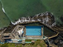 Aerial view of the St Clair Salt Water Pool and suburb of St Clair, Dunedin, New Zealand.