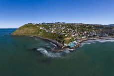 Aerial view of the St Clair Salt Water Pool and suburb of St Clair, Dunedin, New Zealand.