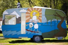 A colourful caravan parked in the Glendhu Bay Campground near Wanaka, New Zealand.