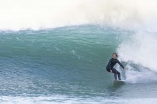 Keo Morrison sets up on a wave during a fun session at a remote break near Otago Peninsula, Dunedin, New Zealand.
Photo: Derek Morrison