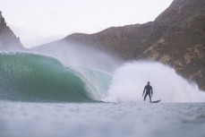 Josiah Lilburne takes off on a bomb wave during a fun session at a remote break near Otago Peninsula, Dunedin, New Zealand.
Photo: Derek Morrison