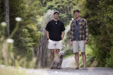 The Surf Supply and C Skins team of Simon Clowes, Cian Sullivan and Olive on the Tutukaka Coast, Northland, New Zealand.