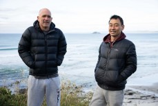Luke Darby (left) and Thomas Oki during a fun swell at Blackhead, Dunedin, New Zealand.