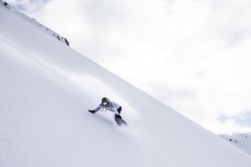 Rewa Morrison rides the powder at Ohau ski field, Ohau, Otago, New Zealand.