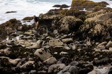 Rewa Morrison navigates the rocks at Whale Bay, Raglan, Waikato, New Zealand.