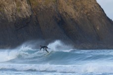 Alexis Owen makes the most of a small winter swell at Blackhead, Dunedin, New Zealand.Photo: Derek Morrison