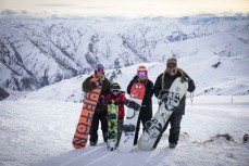 Homa and Tash Mattingly with daughter Alaia and niece Eloise at Cardrona ski field, Cardrona Valley, Wanaka, New Zealand.
