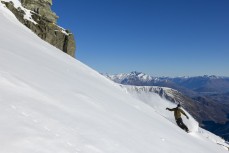 Derek rides in bound powder at Cardrona ski field, Cardrona Valley, Wanaka, New Zealand.