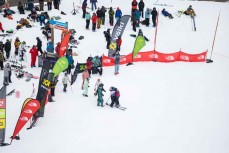 Madi Chambers is embraced by her competitors in the Under 18 women's ski division at the New Zealand Junior Freeride Tour held at Treble Cone ski field, Wanaka, New Zealand.