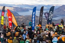 Dion Newport celebrates 10 years of the New Zealand Junior Freeride Tour with a cake at Treble Cone ski field, Wanaka, New Zealand.