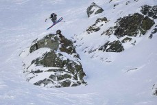 Finn Jacobsen, of Australia, spins off the main rock in the line during the NZ Junior Freeride Tour held at The Remarkables, Queenstown, New Zealand. August 30-31, 2024.
