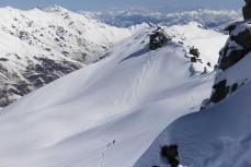 Backcountry adventures during a powder day out the back of Treble Cone ski field, Wanaka, New Zealand.