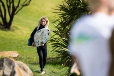 Indica Knox Corcoran during a spring swell at Manu Bay, Raglan, Waikato, New Zealand.