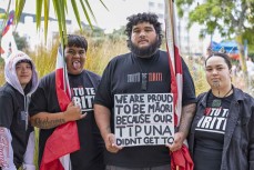 Representing their tīpuna at Waitangi Park are (from left): Dawn Hiko, Tureiti Reihana-Laison, Te Wananga Reihana-Laison and Sheridan Ihaia-Te Paki, of Te Kohanga O Waiohiki, Hawke's Bay ahead of the hīkoi mō te tiriti, Wellington, New Zealand. November