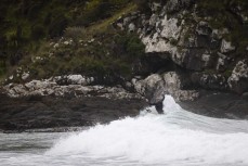 Alexis Owen at a remote beach break in the Catlins, New Zealand. Photo: Derek Morrison