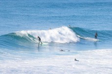 Gary Osborne and Nathan Rotch split the peak on the big boards during a summer swell at Blackhead, Dunedin, New Zealand.
Photo: Derek Morrison