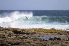 Keo Morrison at a remote point break in the Catlins, New Zealand. Photo: Derek Morrison