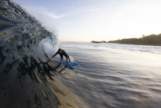 Josh Edington-Lalande hunts a barrel at a reefbreak in the Mentawai Islands, Sumatra, Indonesia.