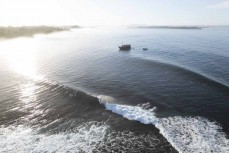The Mahogany at anchor near an unnamed reefbreak in the Mentawai Islands, Sumatra, Indonesia.