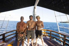 George Roberts Snr, Reuben Lyons and Keo Morrison on the Mahogany exploring the Mentawai Islands, Sumatra, Indonesia.