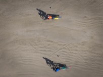 Adventurers Huw Kingston and Laurence Mote ride from Cape Reinga to Slope Point to raise awareness for climate change. Here they tackle the first section along 90-Mile Beach into Ahipara, Northland, New Zealand.
