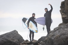Flint and Matt Sherborne make the most of an east swell at Whareakeake, Dunedin, New Zealand.