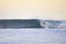Brett Wood gets pitched on a remote right hand reefbreak in the Mentawai Islands, Sumatra, Indonesia.