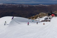 Pipe train during the Mini Pipe World Champs held in spring at Cardrona ski field, Cardrona Valley, Wanaka, New Zealand.