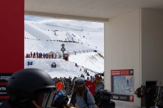 Window to the Mini Pipe World Champs held in spring at Cardrona ski field, Cardrona Valley, Wanaka, New Zealand.