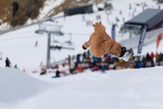 Teddy bear rips during the Mini Pipe World Champs held in spring at Cardrona ski field, Cardrona Valley, Wanaka, New Zealand.