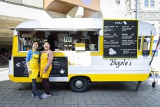 Sisters Evi and Renny, with their bagel cart Bagelo's during spring at the University of Otago, Dunedin, New Zealand. Photo: Derek Morrison
