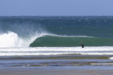Keo Morrison making the most of a spring swell at a remote beach break on the Catlins coast, Otago, New Zealand. Photo: Derek Morrison
