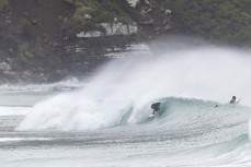 Keo Morrison making the most of a spring swell at a remote beach break on the Catlins coast, Otago, New Zealand. Photo: Derek Morrison