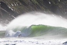 Flynn makes the most of a spring swell at a remote beach break on the Catlins coast, Otago, New Zealand. Photo: Derek Morrison