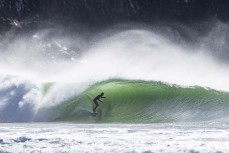 Flynn makes the most of a spring swell at a remote beach break on the Catlins coast, Otago, New Zealand. Photo: Derek Morrison