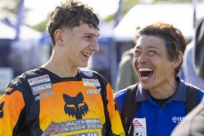 Hayden Draper shares a laugh with his Altherm JCR Yamaha mechanic, Tsuyoshi Watanabe, on their way to second overall in MX2 at Round 2 of the 2026 Yamaha New Zealand Motocross Championships held at Riverside motocross track, Balclutha, South Otago, New Zea