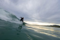 Moss Thompson during a punchy summer swell at Blackhead, Dunedin, New Zealand.