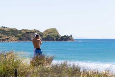 Cousins Reuben and Keo Morrison at a beachbreak near Mahia, Eastland, New Zealand.