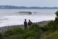 Keo and Reuben Morrison check a surf spot near Kaikoura, New Zealand. Photo: Derek Morrison