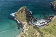 Aerial views of Allans Beach on the Otago Peninsula, Dunedin, New Zealand.