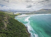 Aerial views of Hoopers Inlet and Allans Beach on the Otago Peninsula Dunedin, New Zealand.