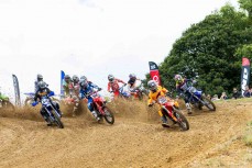 Honda Motul Racing's Josiah Natzke leads the MX1 pack flanked by defending champion Maximus Purvis (44) and Australian Kyle Webster (W) at Round 4 of the 2026 Yamaha New Zealand Motocross Championships held at Rotorua Motorcycle Club's Motocross Track, Hor