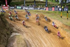 Honda Motul Racing's Josiah Natzke leads the MX1 pack flanked by defending champion Maximus Purvis (44) and Australian Kyle Webster (W) at Round 4 of the 2026 Yamaha New Zealand Motocross Championships held at Rotorua Motorcycle Club's Motocross Track, Hor