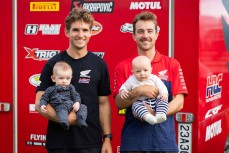 Australian MX1 rider Quad Lock Honda's Kyle Webster with his baby Miller and Motul Honda Racing's Josiah Natzke with his baby Charlie at Round 4 of the 2026 Yamaha New Zealand Motocross Championships held at Rotorua Motorcycle Club's Motocross Track, Horoh